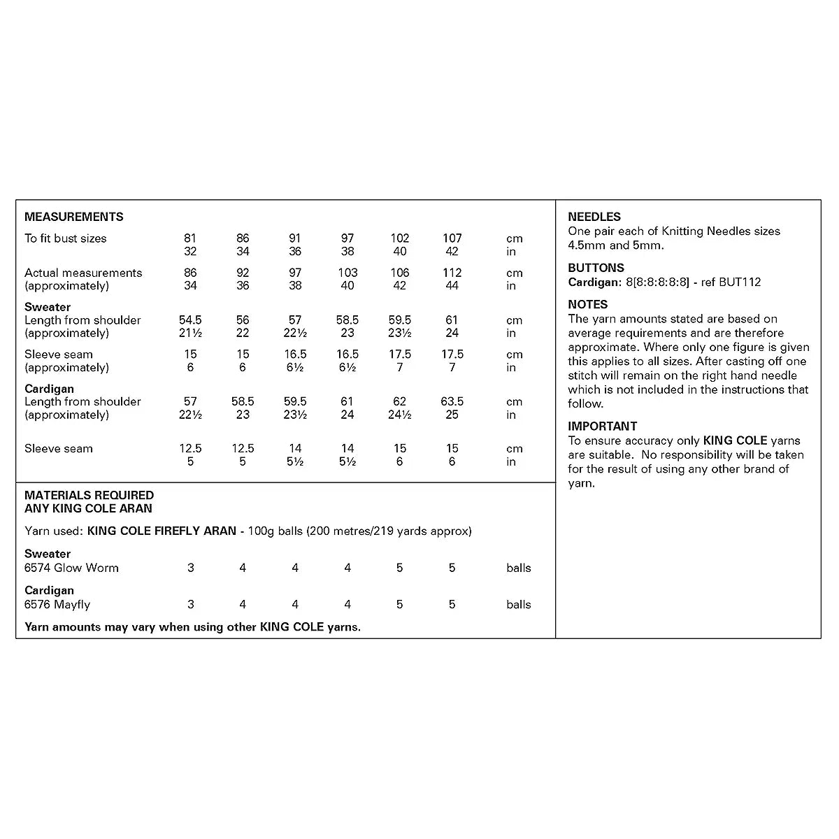 King Cole Firefly Aran Pattern 6444