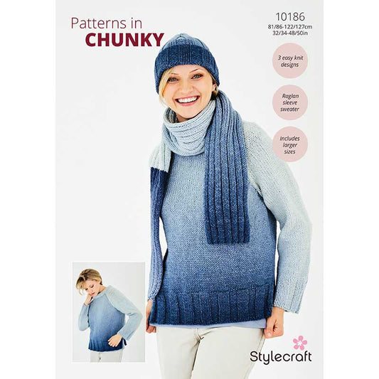 Stylecraft Horizon Chunky Pattern 10186 Knit Sweater, Hat and Scarf