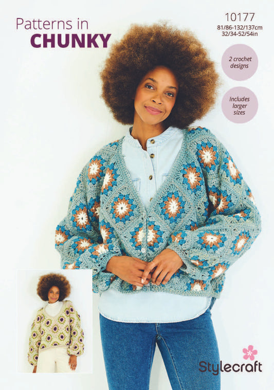 Stylecraft Chunky Pattern 10177 Crochet Granny Square Sweater and Cardigan