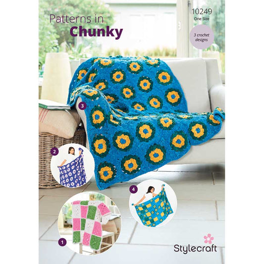 Stylecraft Chenille Chunky Pattern 10249 Crochet Motif Blankets