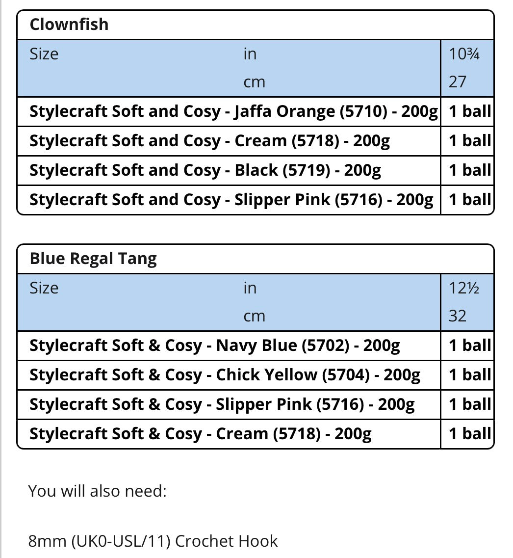 Stylecraft Soft & Cosy Pattern, Crochet Clownfish and Regal Blue Tang 10274