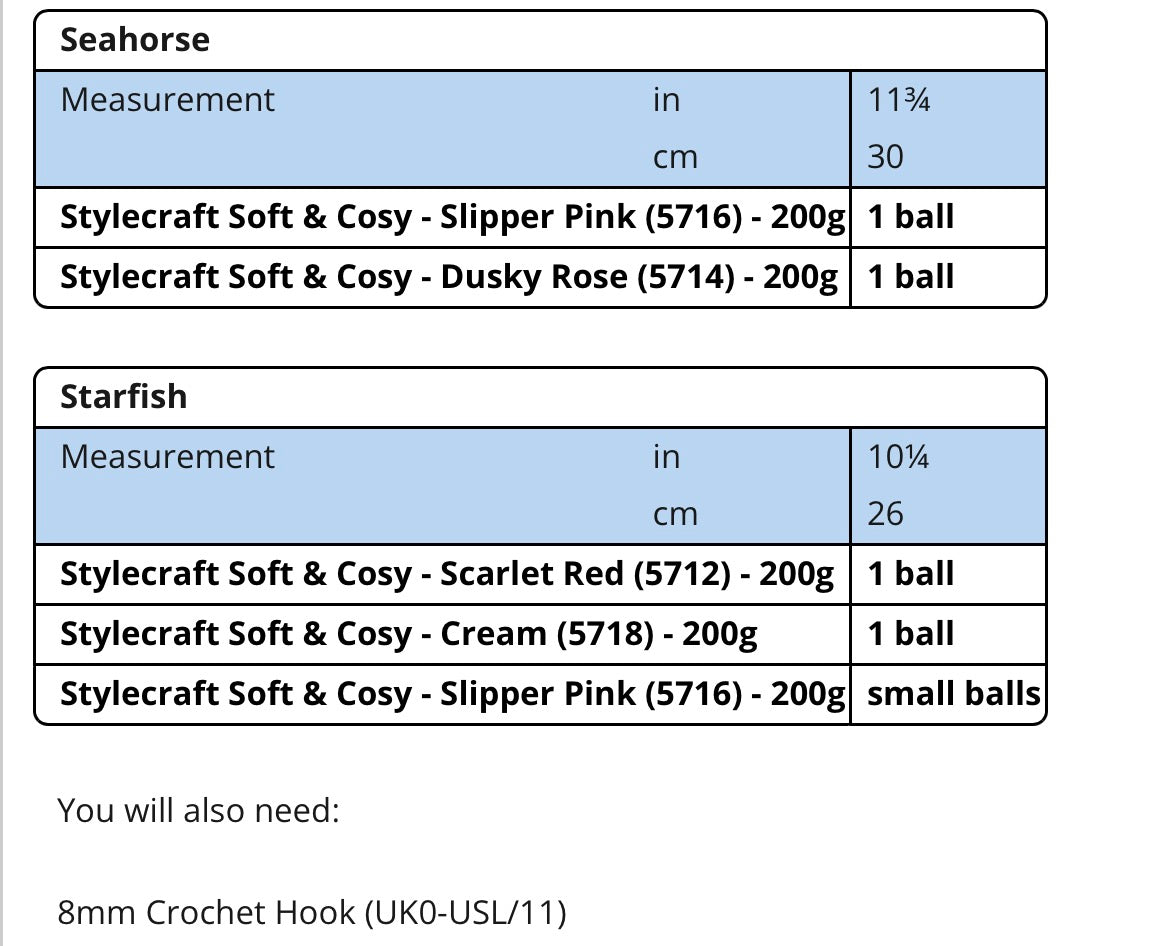 Stylecraft Soft & Cosy Pattern,  Crochet Seahorse and Starfish 10276