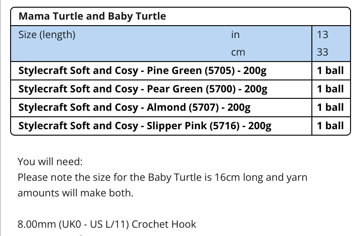 Stylecraft Soft & Cosy Pattern, Mama and Baby Turtle Crochet 10277