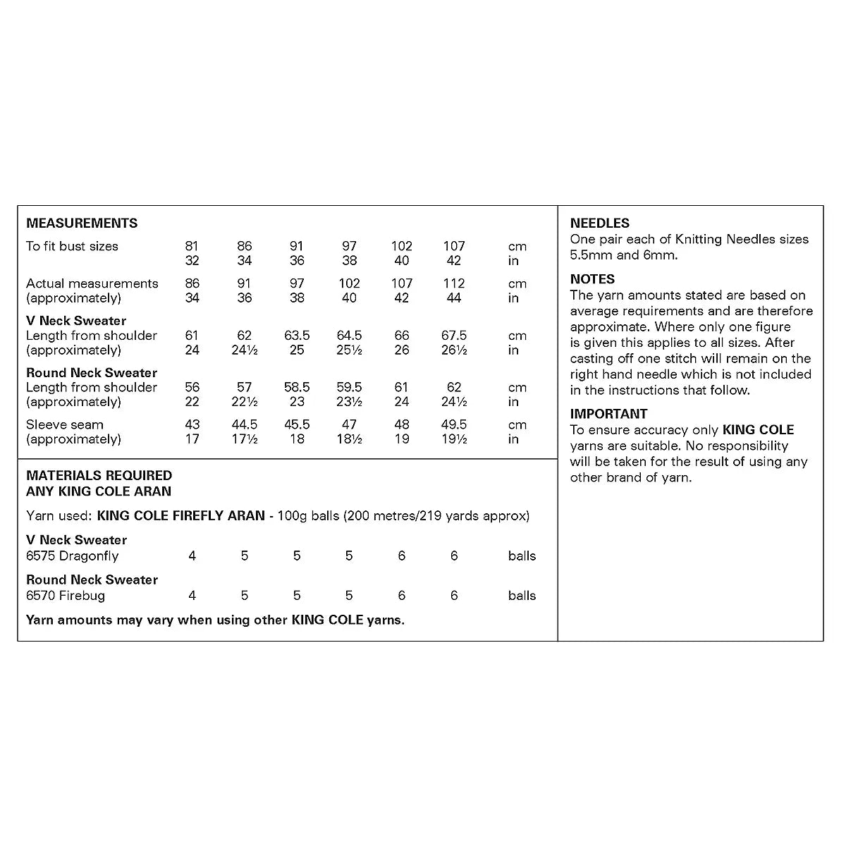 King Cole Firefly Aran Pattern 6448