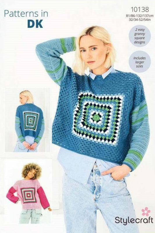 Stylecraft Crochet Granny Square Jumper Pattern Dk 10138