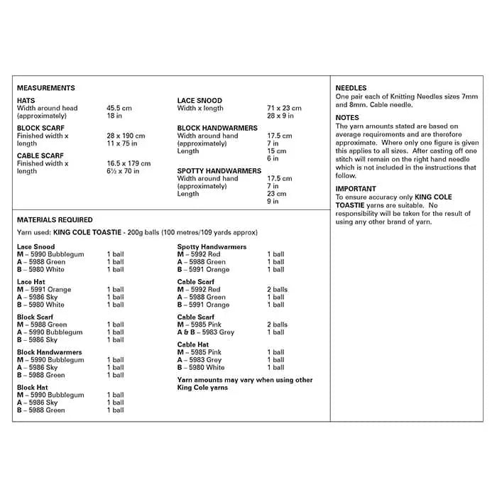 King Cole Warm & Toastie Accessories Pattern 6232 (Knit)