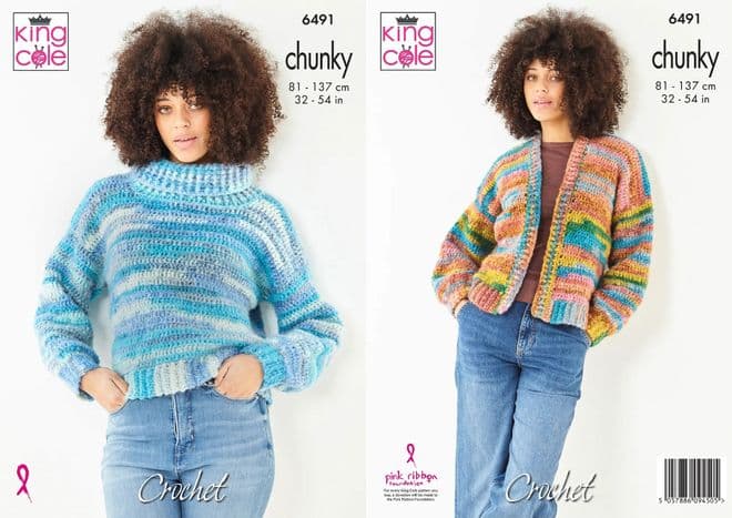 Crochet Jumper/Cardigan Kit with King Cole Flair Chunky, Pattern 6491