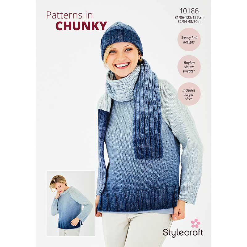 Stylecraft Horizon Chunky Pattern 10186 Knit Sweater, Hat and Scarf