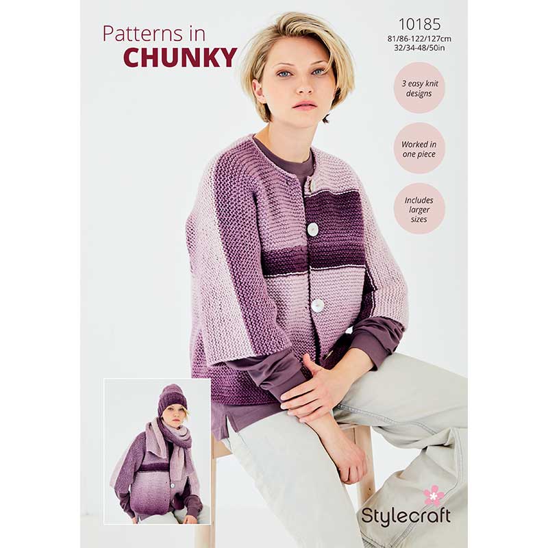 Stylecraft Horizon Chunky Pattern 10185 Knit Cardigan, Hat and Scarf